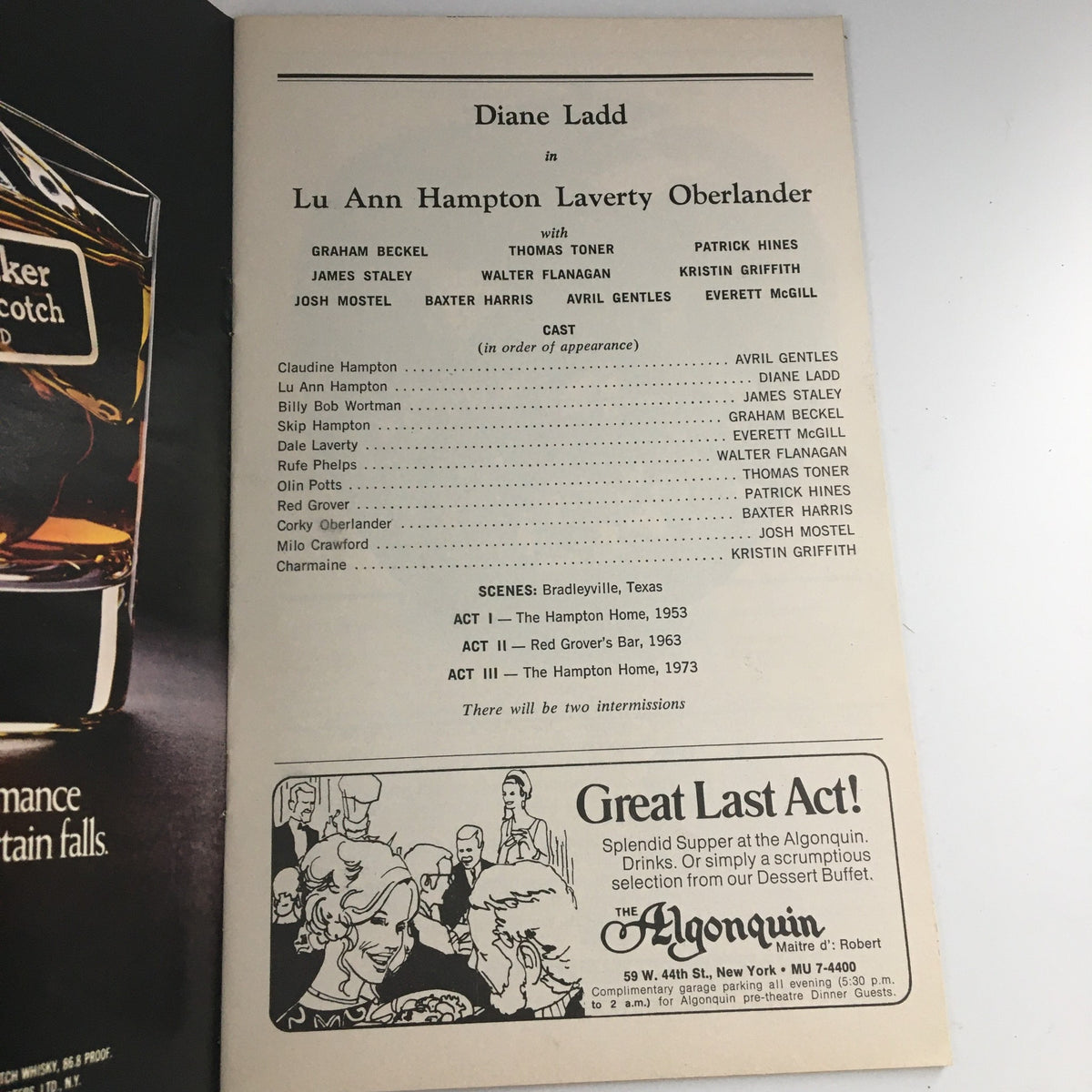 Back page of the 1976 Playbill for 'A Texas Trilogy', featuring cast members and credits for the play, which includes Diane Ladd.