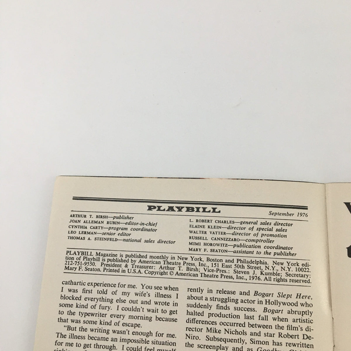 Inside view of the 1976 Playbill for 'A Texas Trilogy: The Oldest Living Graduate', showing publication details and historical context.