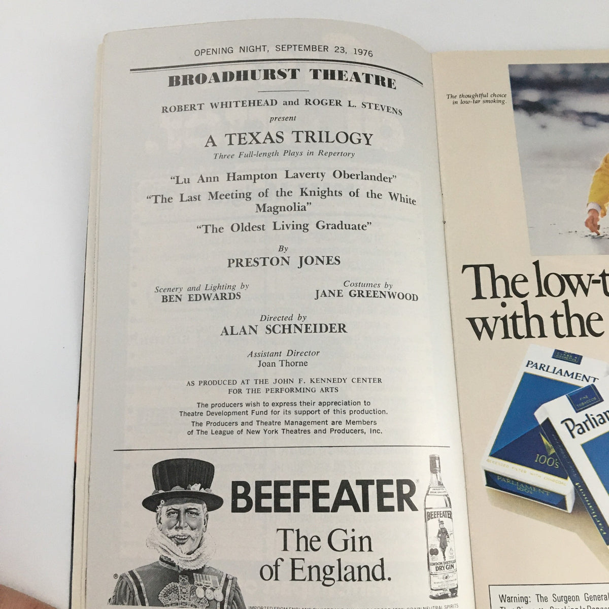 1976 Playbill for 'A Texas Trilogy' at Broadhurst Theatre, showcasing the production details and cast members, including 'The Oldest Living Graduate'. The Playbill features information about the opening night and the creative team behind the show.