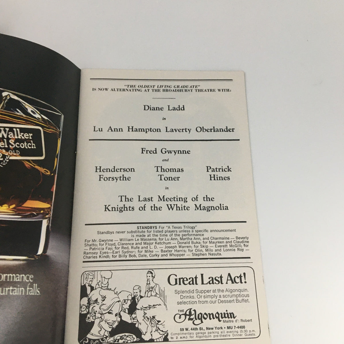 Inside page of the 1976 Playbill for 'A Texas Trilogy', highlighting the alternative cast for 'The Oldest Living Graduate' featuring Diane Ladd, along with details about other segments and the artistic team.