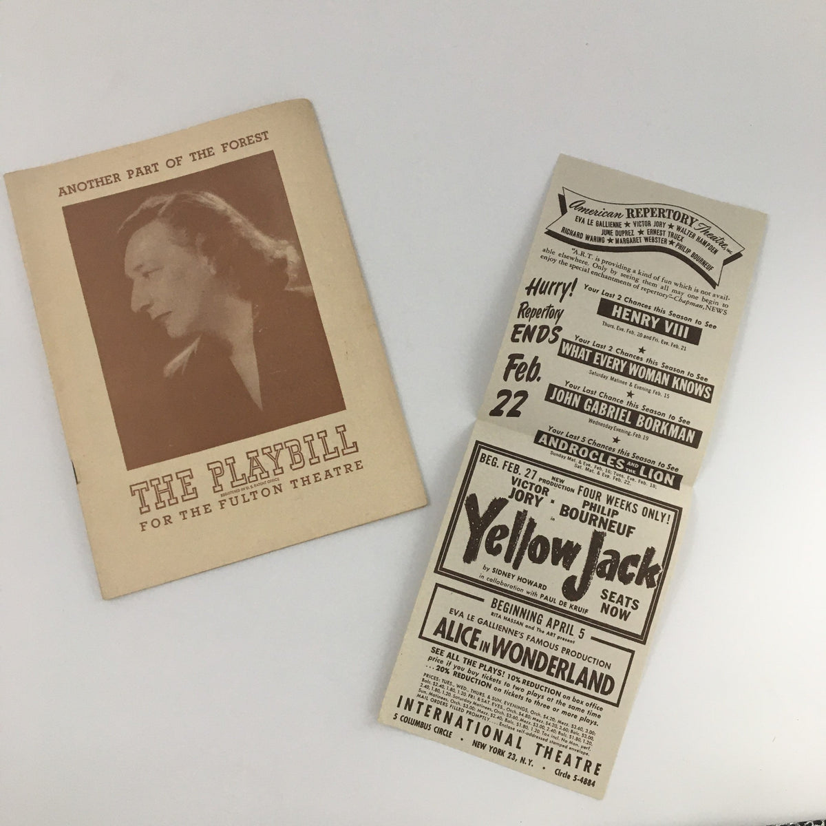 1947 Playbill for 'Another Part of the Forest' alongside additional promotional materials for other theater productions.