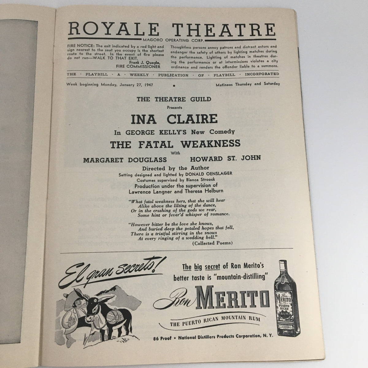 1947 Playbill Royale Theatre featuring 'Ina Claire' performance with cast details and advertisements.