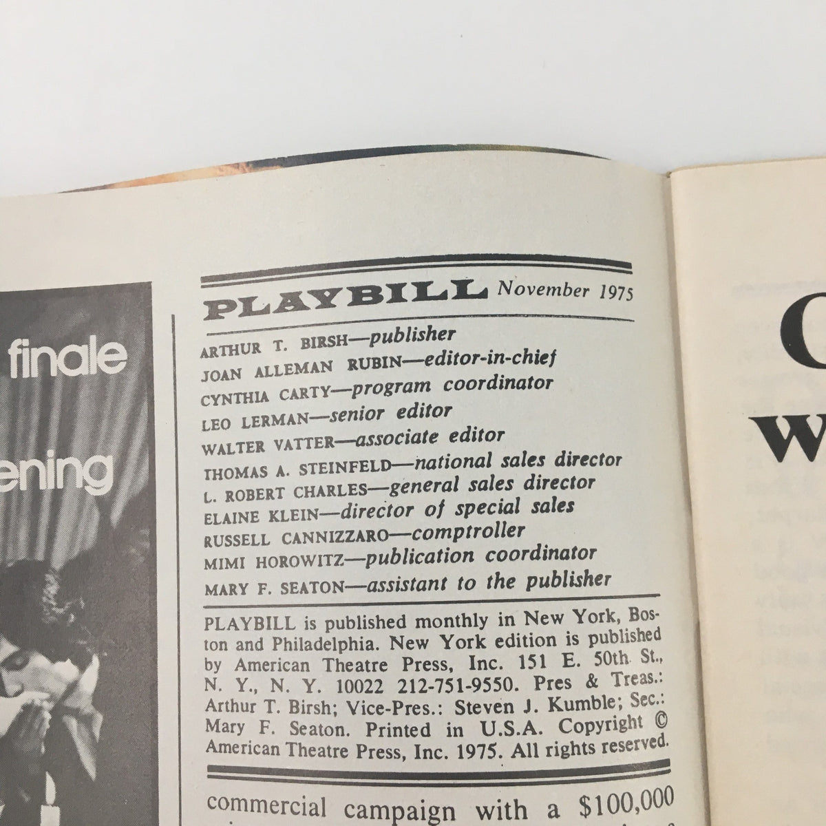 Interior page of the 1975 Playbill for 'Habeas Corpus' showing publication details and editorial staff.