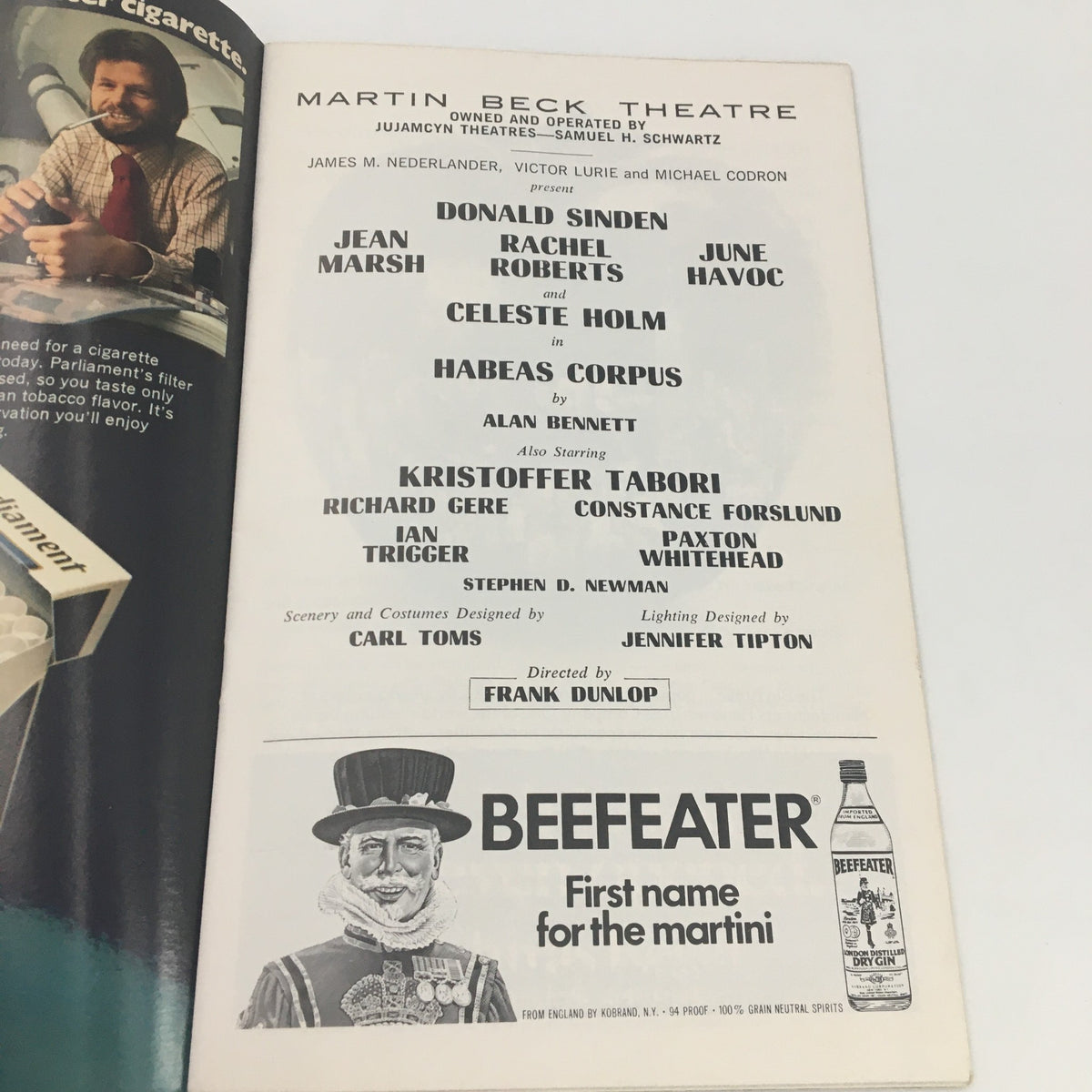The cast list from the 1975 'Habeas Corpus' Playbill featuring actors Jean Marsh, Donald Sinden, and others.