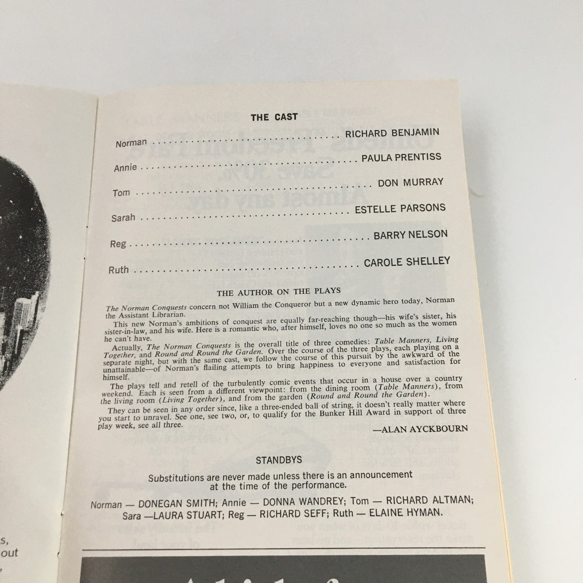 1976 Playbill for 'The Norman Conquests' showing the cast list including Richard Benjamin as Norman and Don Murray as Annie, along with credits by Alan Ayckbourn.