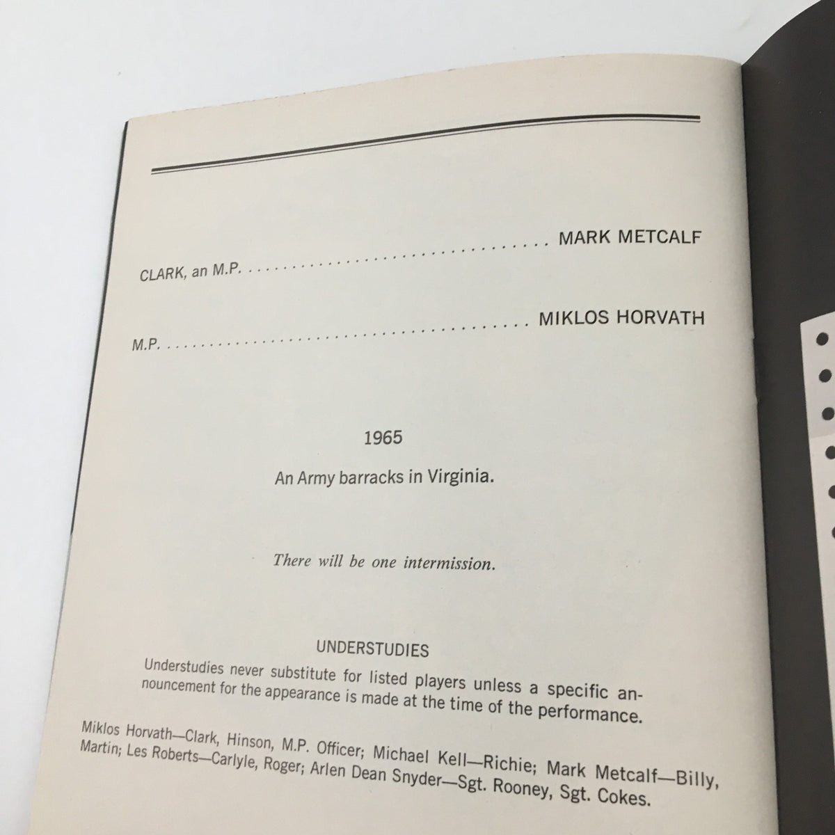 1976 Playbill Mitzi E. Newhouse Theater 'Streamers' highlighting additional cast credits for Mark Metcalf and Miklos Horvath.