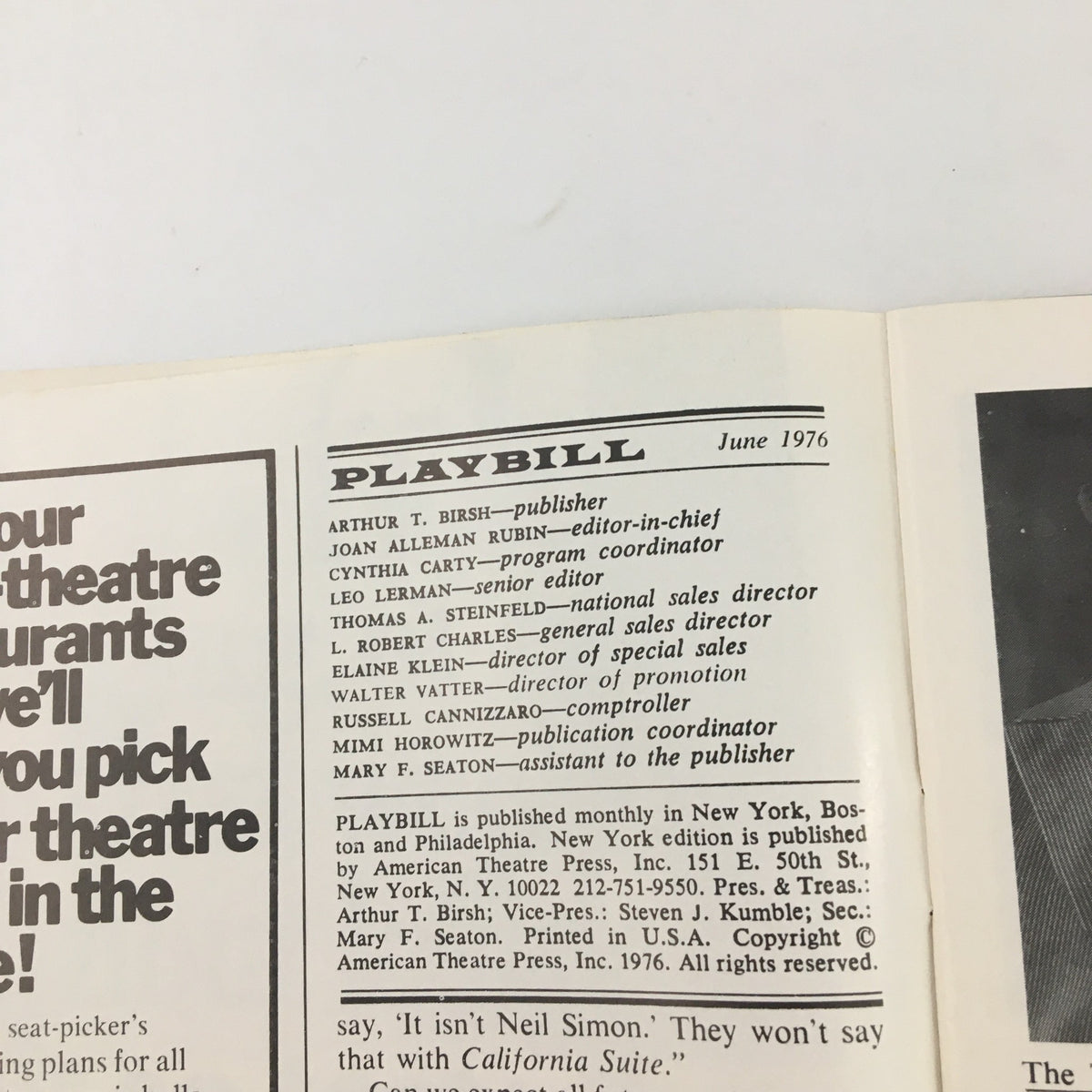 Inside page of the 1976 Playbill for The Runner Stumbles at The Little Theatre showcasing the publisher and editorial details.
