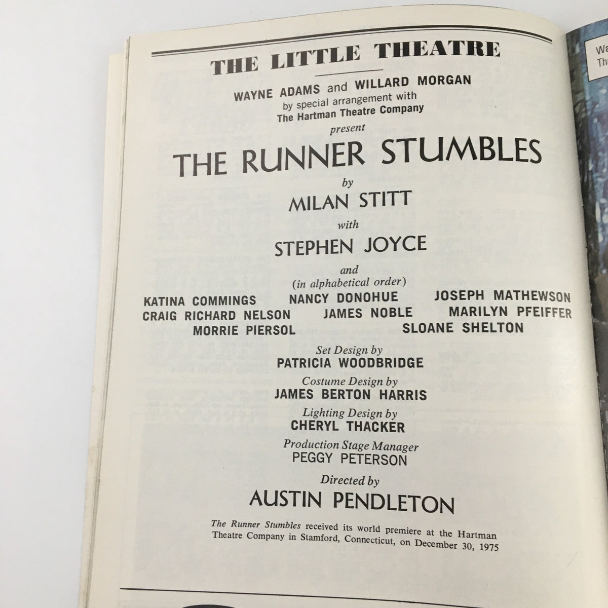 Inside page of the 1976 Playbill for The Runner Stumbles at The Little Theatre highlighting the cast and production credits.