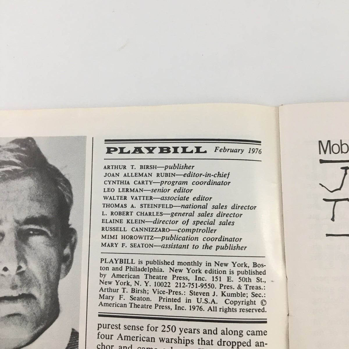 Inside view of the February 1976 Playbill for 'Mrs. Warren's Profession' detailing contributors and editorial staff.