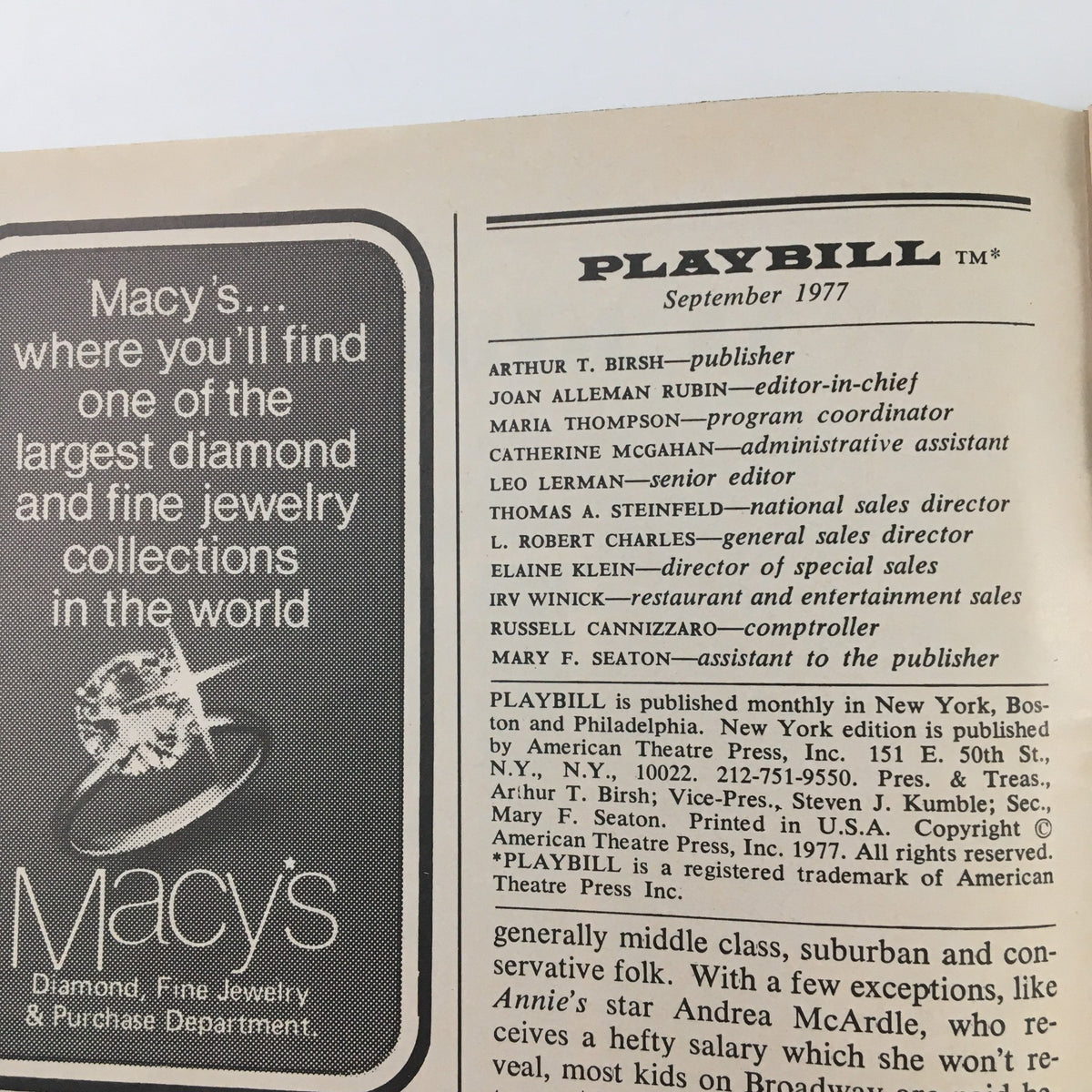 Interior page of the 1977 Playbill for 'The Gin Game', featuring credits and acknowledgments related to the production.