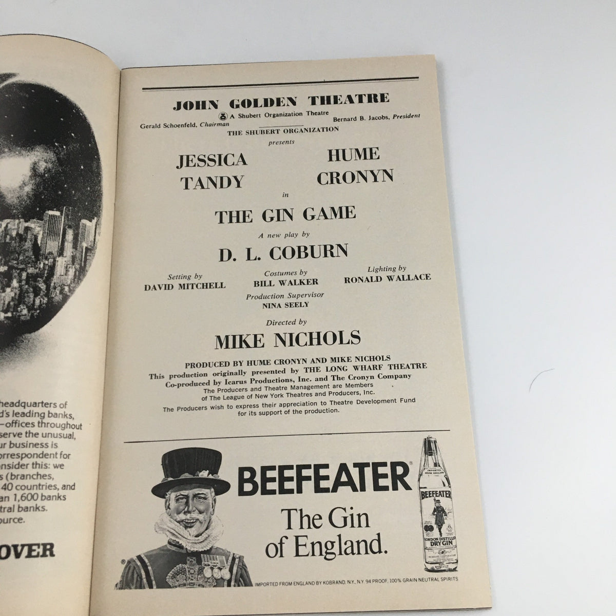Inside cover of the 1977 Playbill for 'The Gin Game', detailing the cast and crew, including Jessica Tandy and Hume Cronyn.