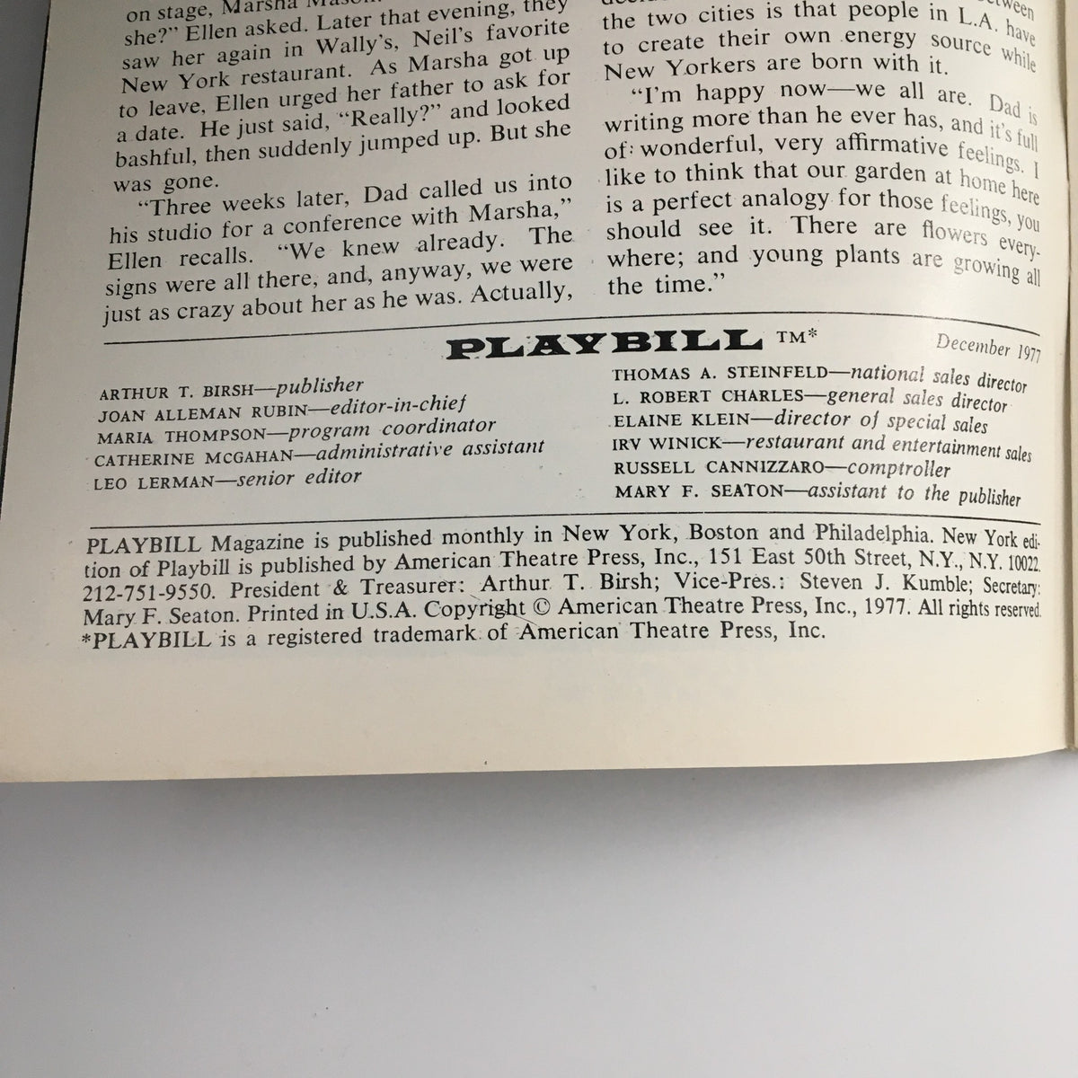 Inside of the 1977 Playbill for 'The November People' at Billy Rose Theatre showcasing credits and production details.
