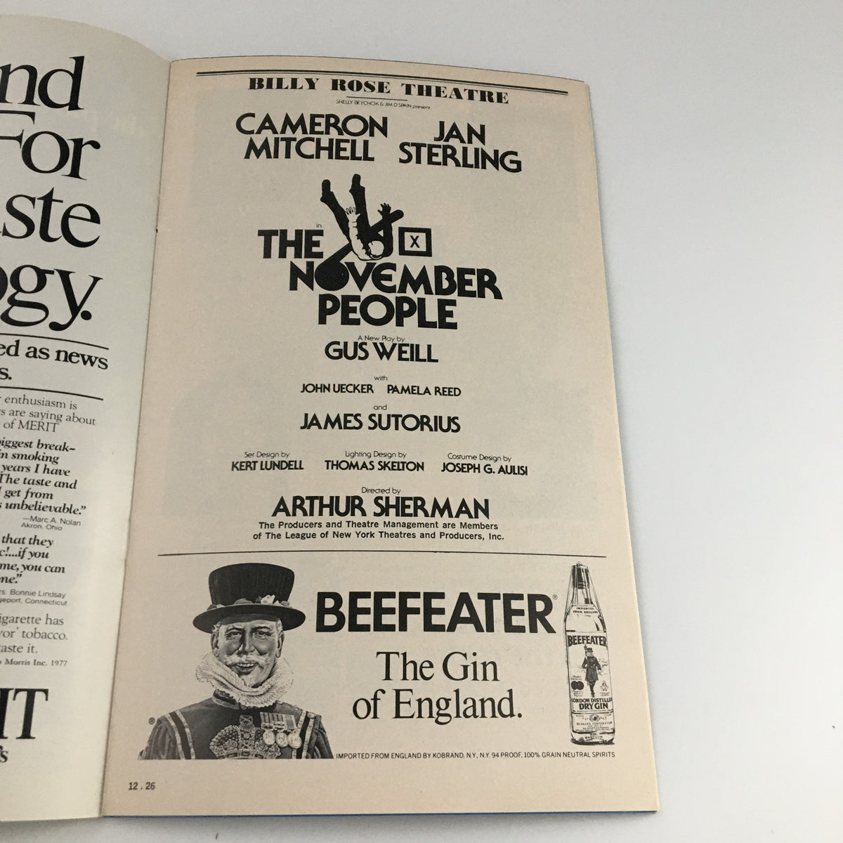 Another page from the 1977 Playbill for 'The November People' at Billy Rose Theatre highlighting cast information and advertisements.