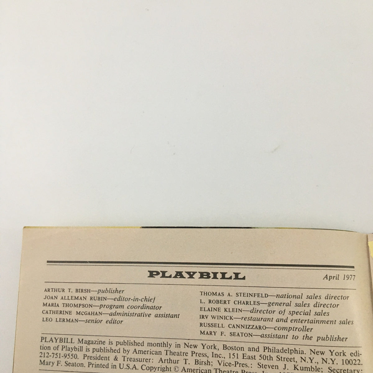 Interior page of the 1977 Playbill for 'The Shadow Box', detailing production credits and contributions.
