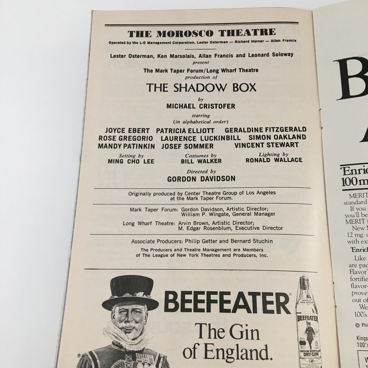 Page from the 1977 Playbill for 'The Shadow Box' featuring cast list and character details from the play.