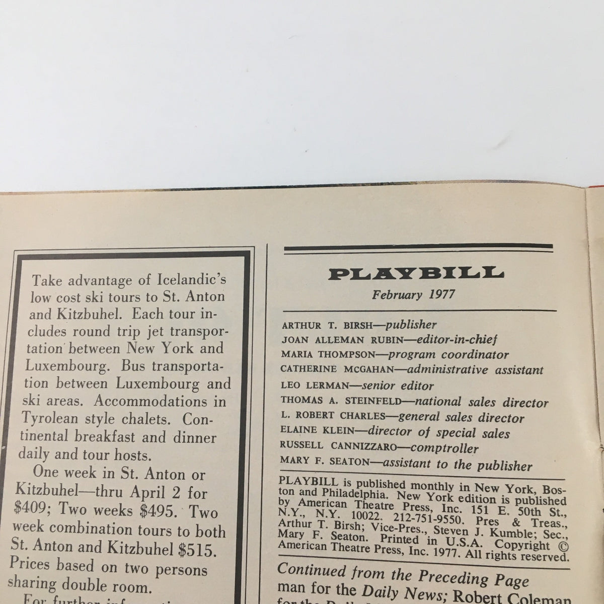 Inside view of the 1977 Playbill for The Music Box 'Comedians' listing production details and contributors.
