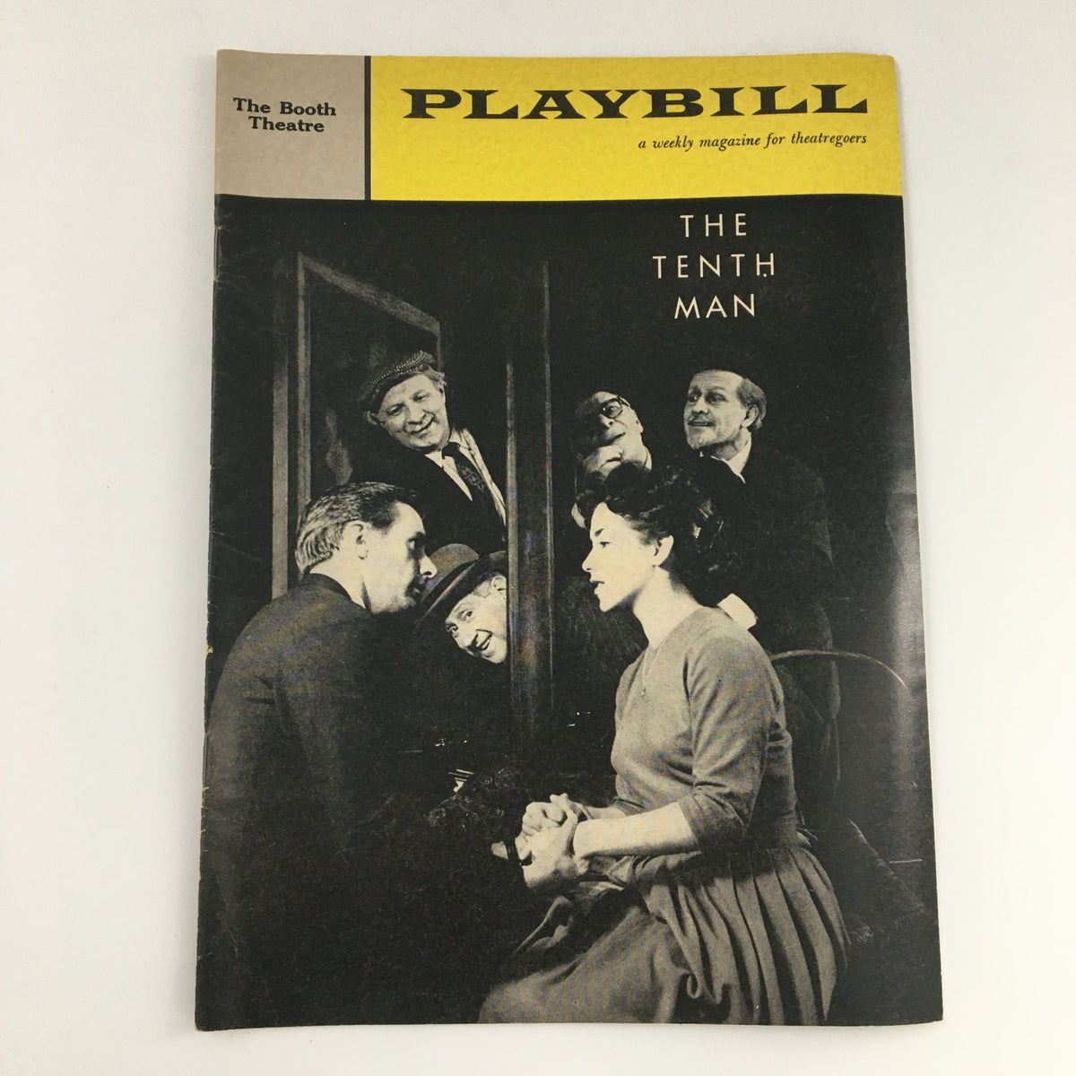1960 Playbill for 'The Tenth Man' at The Booth Theatre featuring a black and white image of the cast and dramatic layout, ideal for theatre history enthusiasts and collectors.