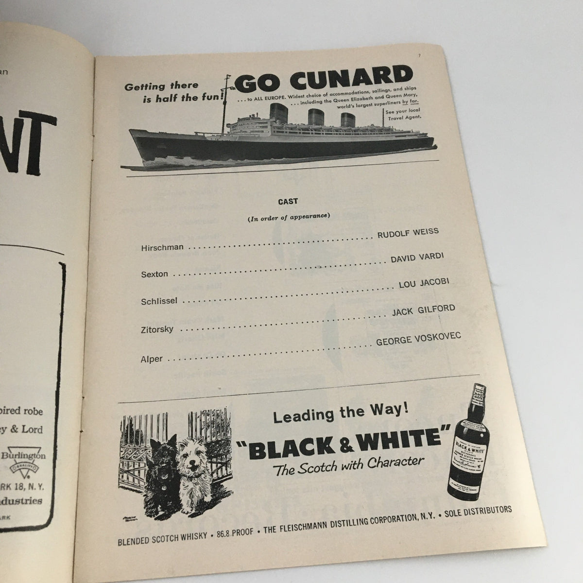 Interior page of the 1960 Playbill for 'The Tenth Man' at the Booth Theatre, featuring advertisements and cast listings including Rudolf Weiss, David Vardi, and Lou Jacobi.