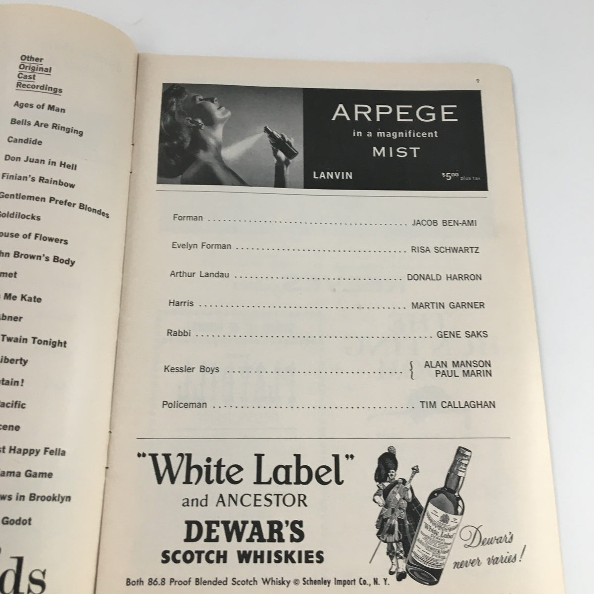 Second interior page of the 1960 Playbill for 'The Tenth Man', showcasing the cast names like Jacob Ben-Ami and Lanvin, along with an advertisement for Arpege.