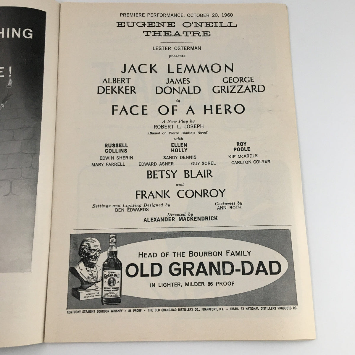 1960 Playbill for 'Face of a Hero' featuring Jack Lemmon and Betsy Blair from Eugene O'Neill Theatre, showcasing cast details and advertisements.