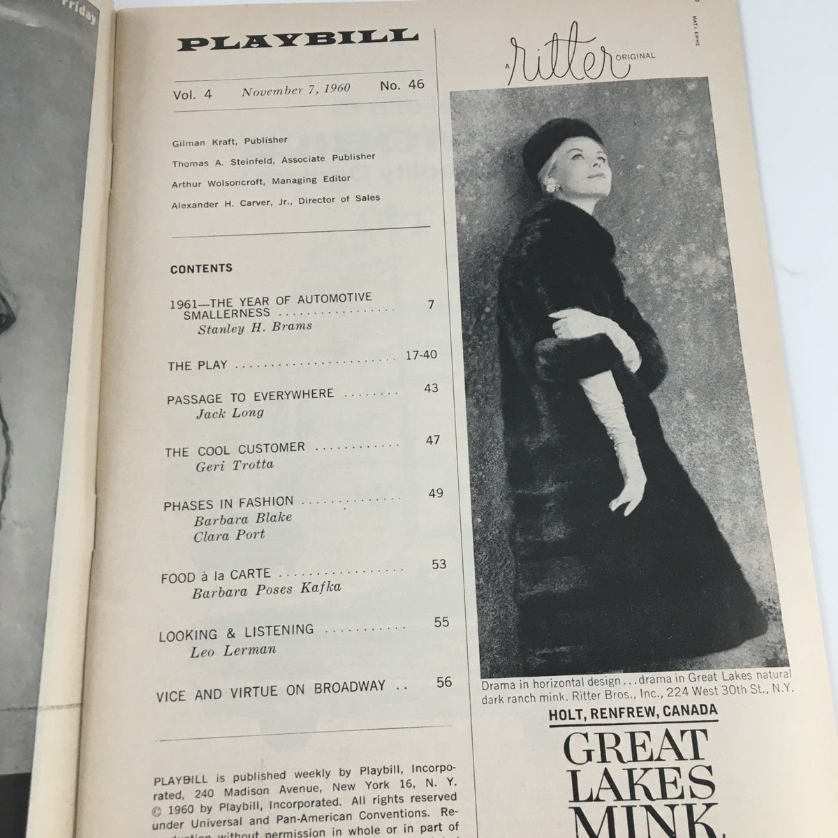 Interior page from the 1960 Playbill for 'The Best Man' at Morosco Theatre featuring a listing of other performances, showcasing vintage theatre design.