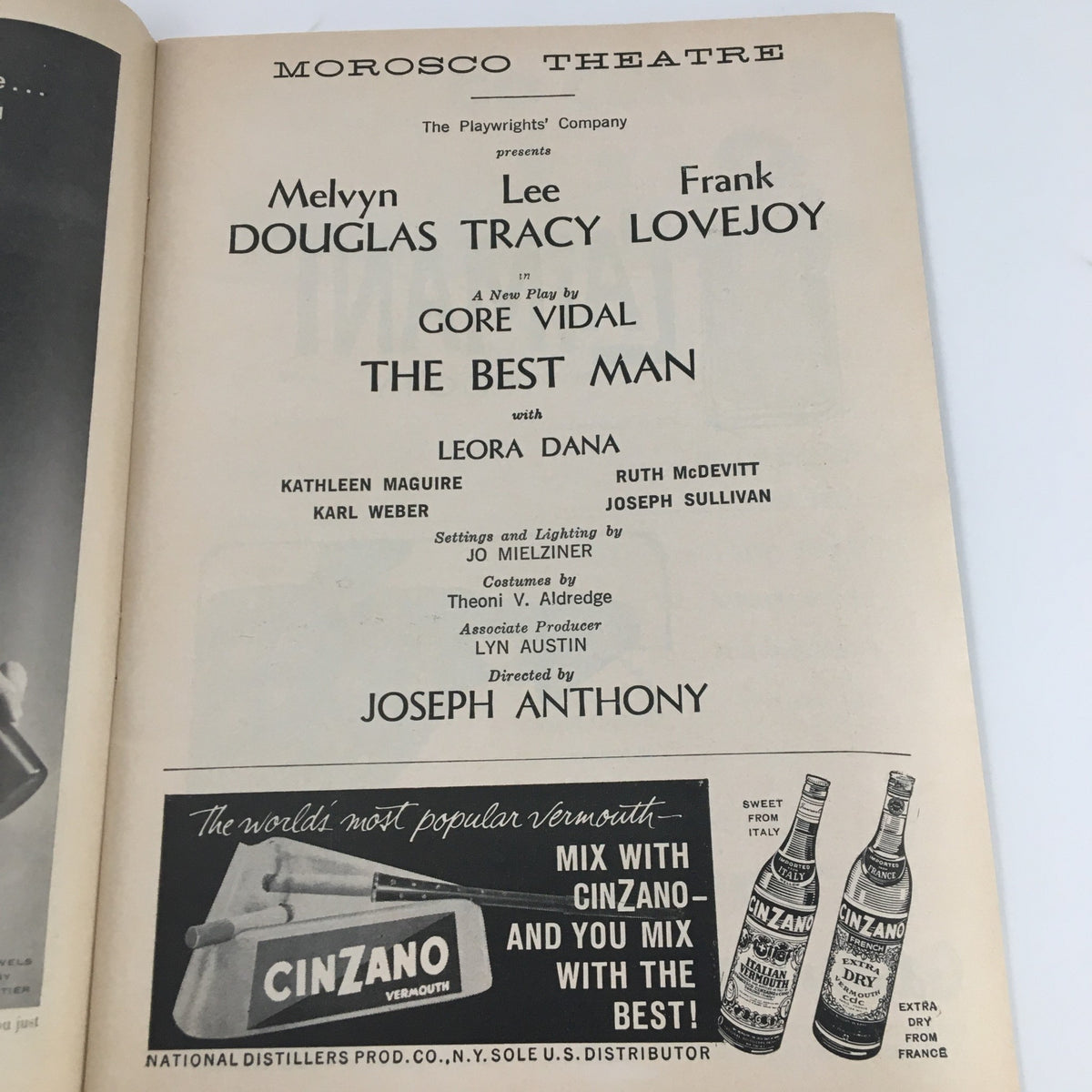 The casting page from the 1960 Playbill for 'The Best Man' at Morosco Theatre, highlighting Melvyn Douglas and Frank Lovejoy, directed by Joseph Anthony.