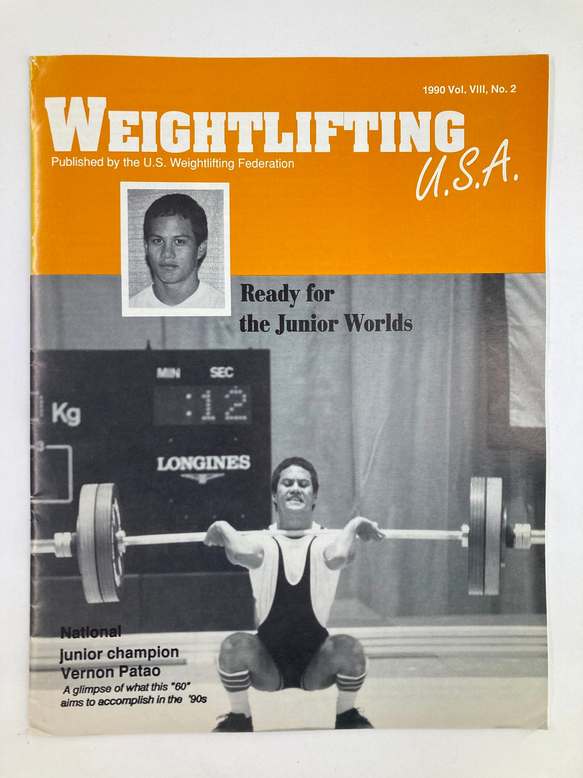 VTG Weightlifting USA Magazine 1990 Vol 8 #2 featuring Vernon Patao, National Junior Champion, showcasing weightlifting performance with a focus on competitive techniques.