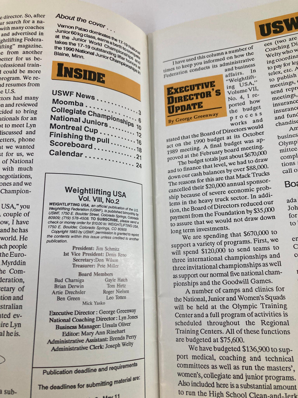 Inside look at VTG Weightlifting USA Magazine 1990 Volume 8 #2 featuring Vernon Patao, National Junior Champion, highlighting articles and updates about weightlifting community and competitions.