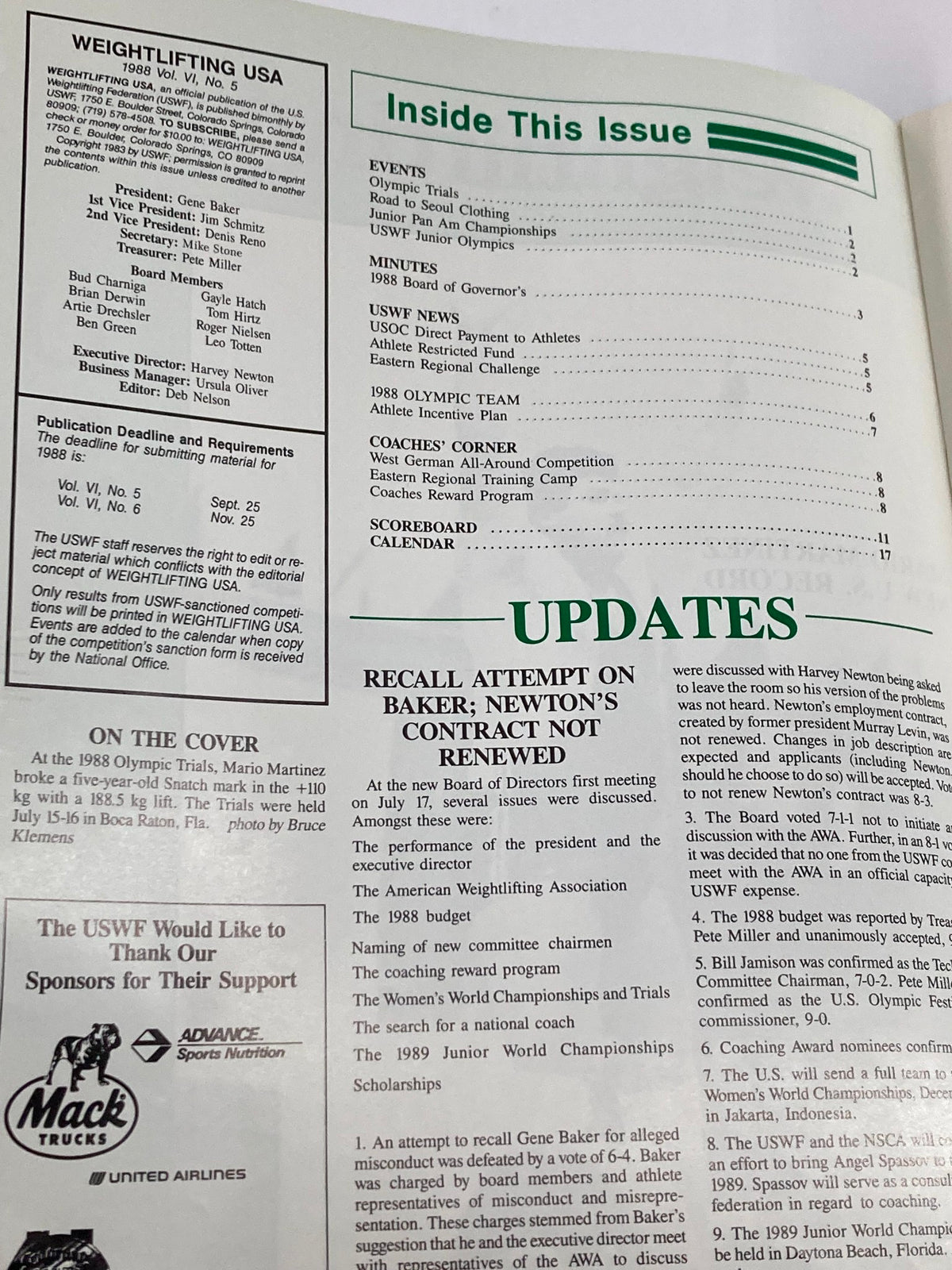 Table of contents from VTG Weightlifting USA Magazine 1988 Vol 6 #4, outlining key events and updates in the weightlifting community.