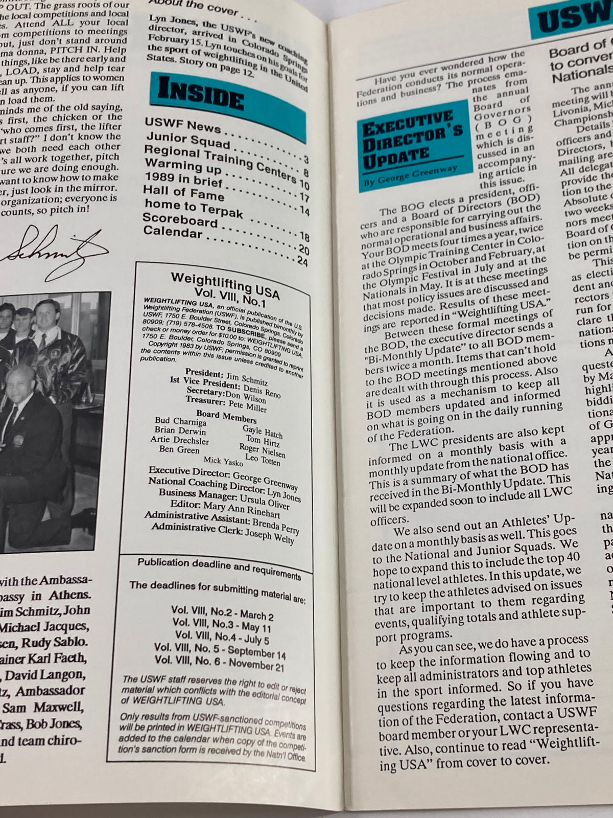 Inside page of VTG Weightlifting USA Magazine 1990 Vol 8 #1 showing contents including updates from the US Weightlifting Federation and highlights of junior athletes.
