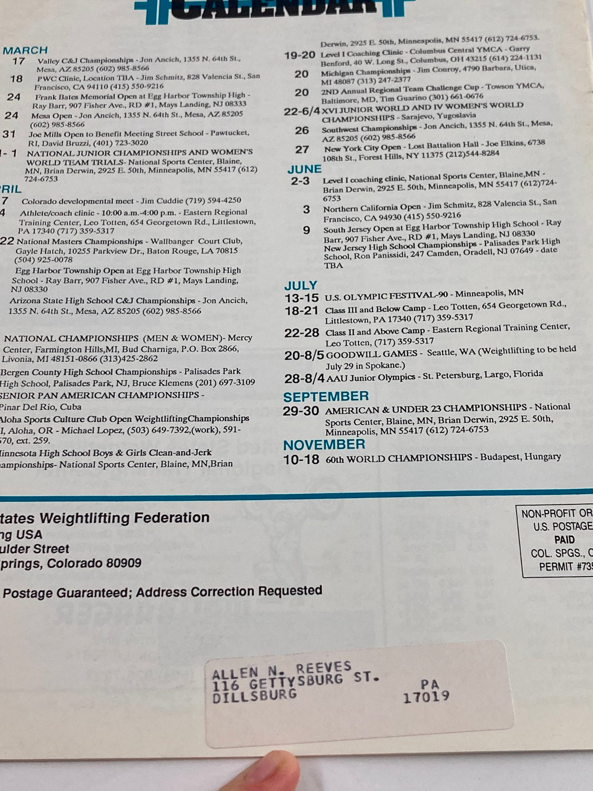 Calendar page from VTG Weightlifting USA Magazine 1990 Vol 8 #1 listing upcoming events and competitions organized by the US Weightlifting Federation.