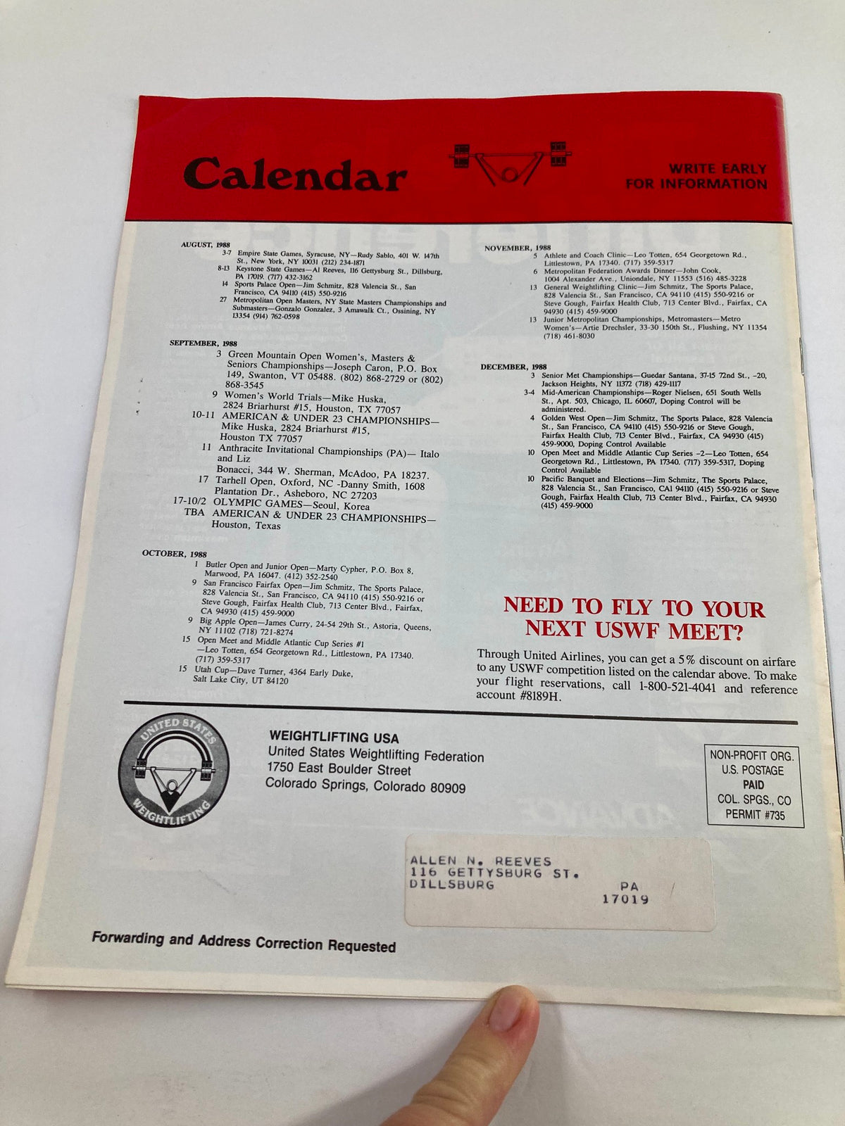 Back cover of Weightlifting USA Magazine 1988 Vol 6 #3, featuring a calendar of events and an address for the U.S. Weightlifting Federation.