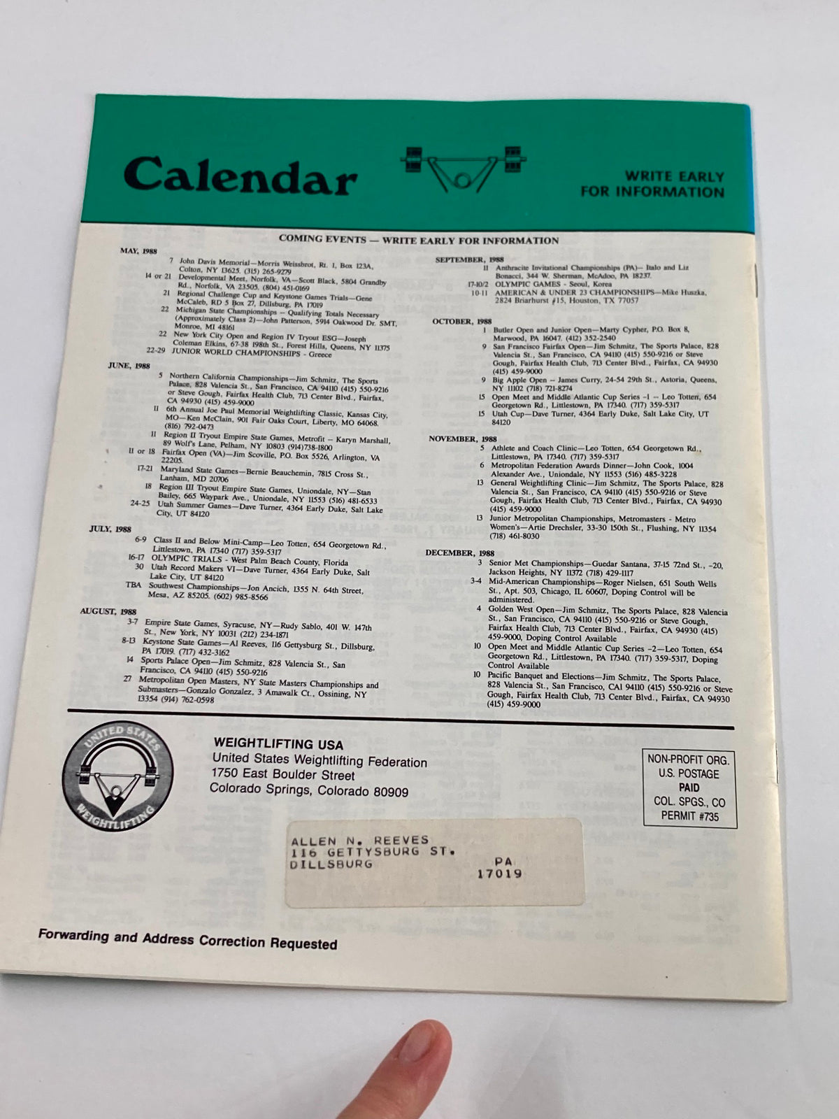 Back cover of the VTG Weightlifting USA Magazine 1988 Vol 6 #2 displaying the event calendar for the U.S. Weightlifting Federation and featuring a logo of the organization, highlighting upcoming competitions and events.