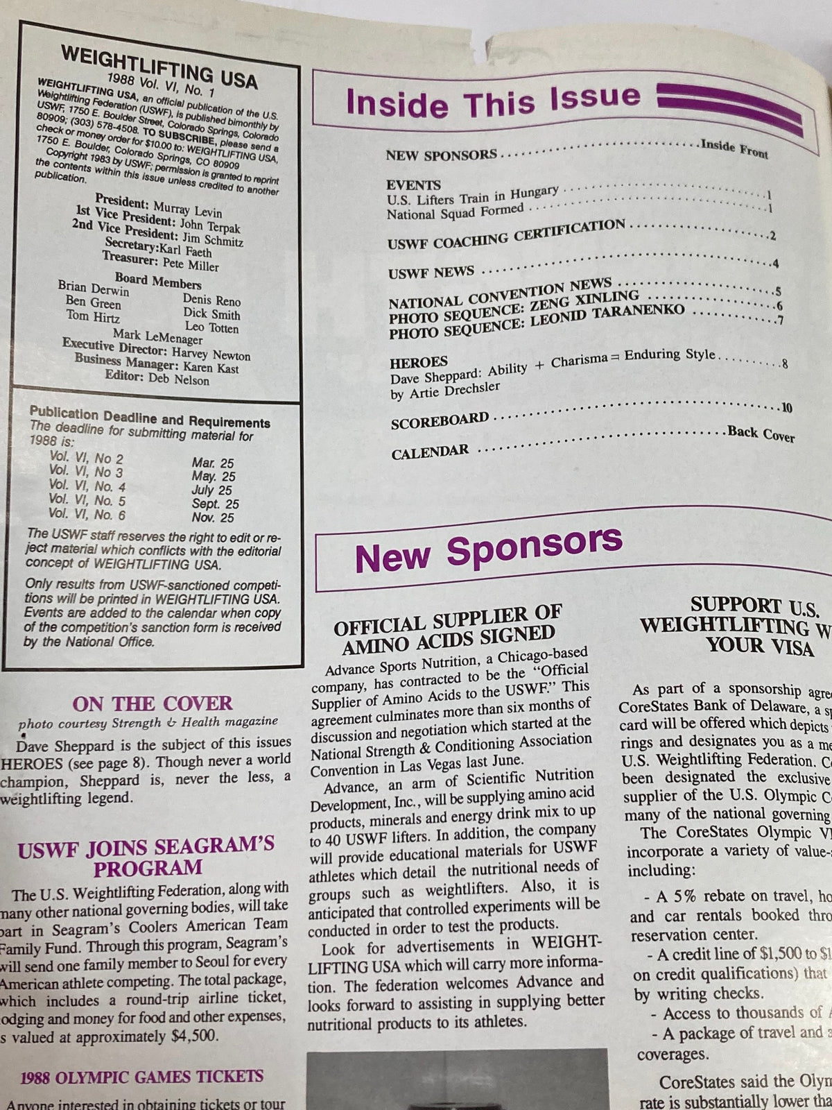 Interior page of Weightlifting USA Magazine detailing contents and articles, published January 1988, Vol 6 #1.