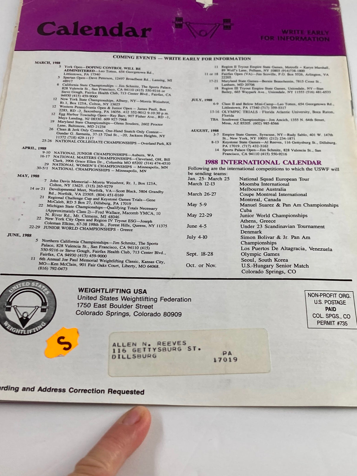 Weightlifting USA Magazine 1988 Vol 6 #1 featuring events calendar and details, highlighting the sports history of weightlifting and Dave Sheppard's achievements.