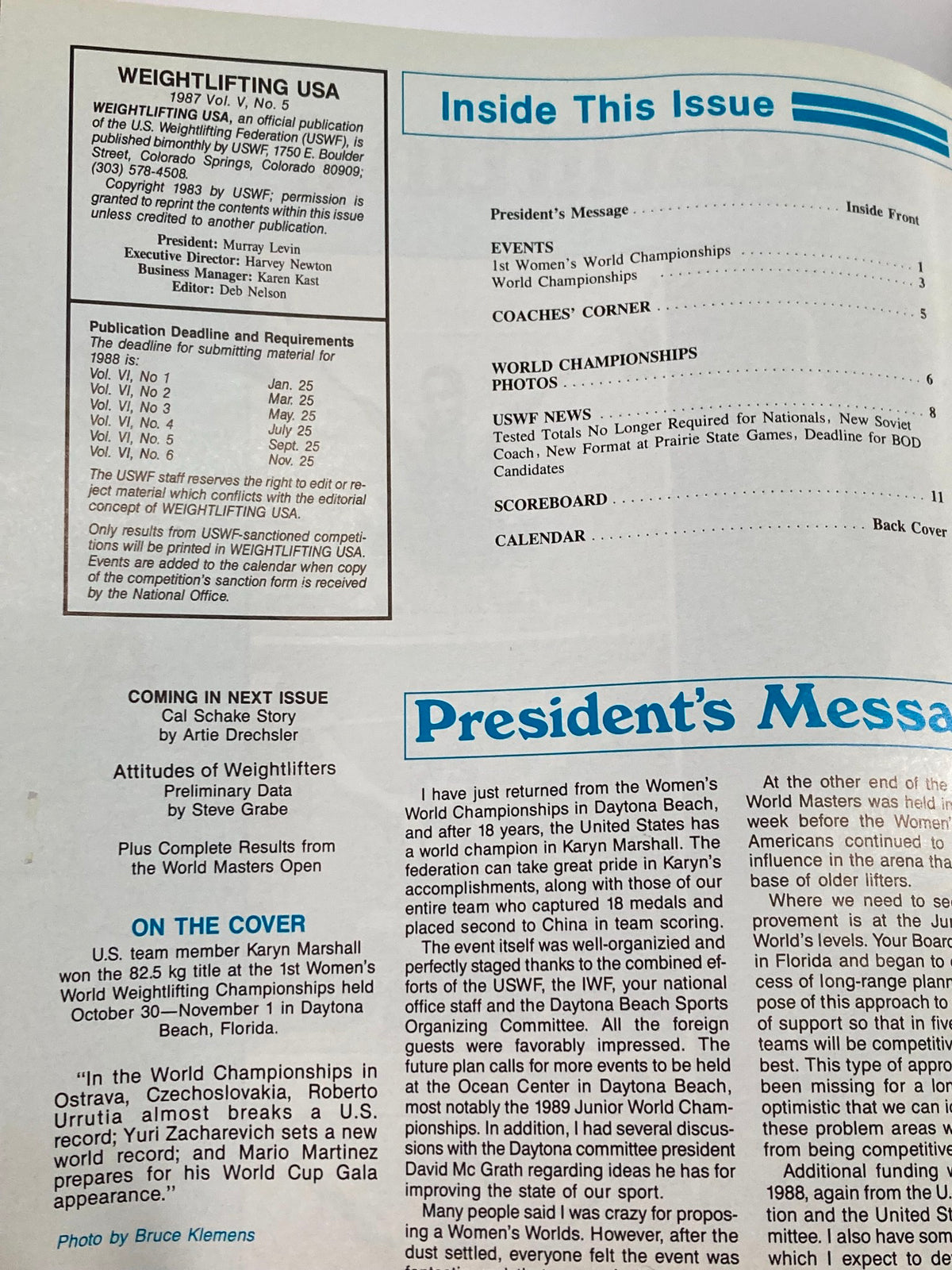 Inside look at the 1987 VTG Weightlifting USA Magazine Volume 5, Number 5, highlighting events, upcoming competitions, and featuring a message from the President.