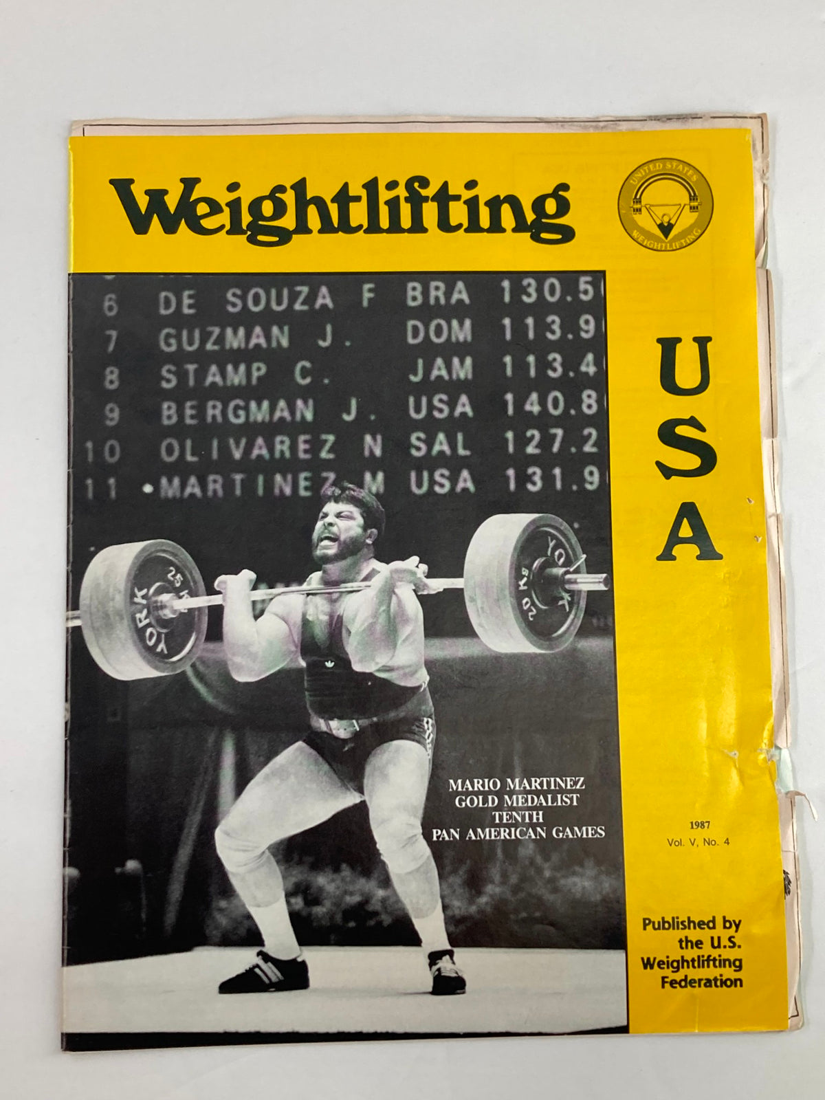 Vintage Weightlifting USA Magazine 1987 Vol 5 #4 featuring Mario Martinez, Gold Medalist, on the cover showcasing competitive weightlifting highlights.