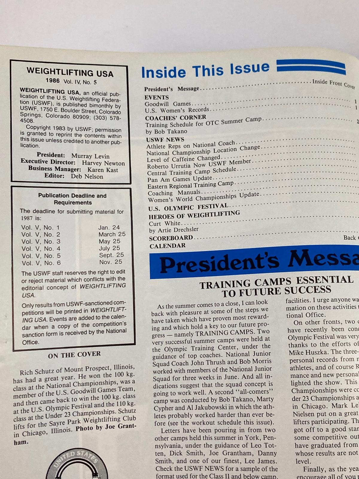 Inside contents page of the VTG Weightlifting USA Magazine 1986 Vol 4 #5 with details about events, coaching, and notable athletes including Rich Schutz.