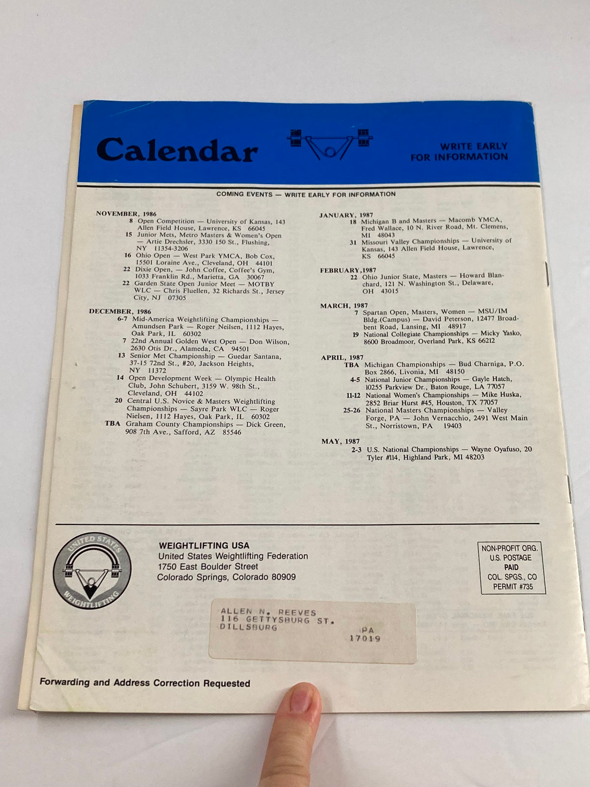 Back cover of the VTG Weightlifting USA Magazine 1986 Vol 4 #5 showing calendar events and mailing address details related to the U.S. Weightlifting Federation.