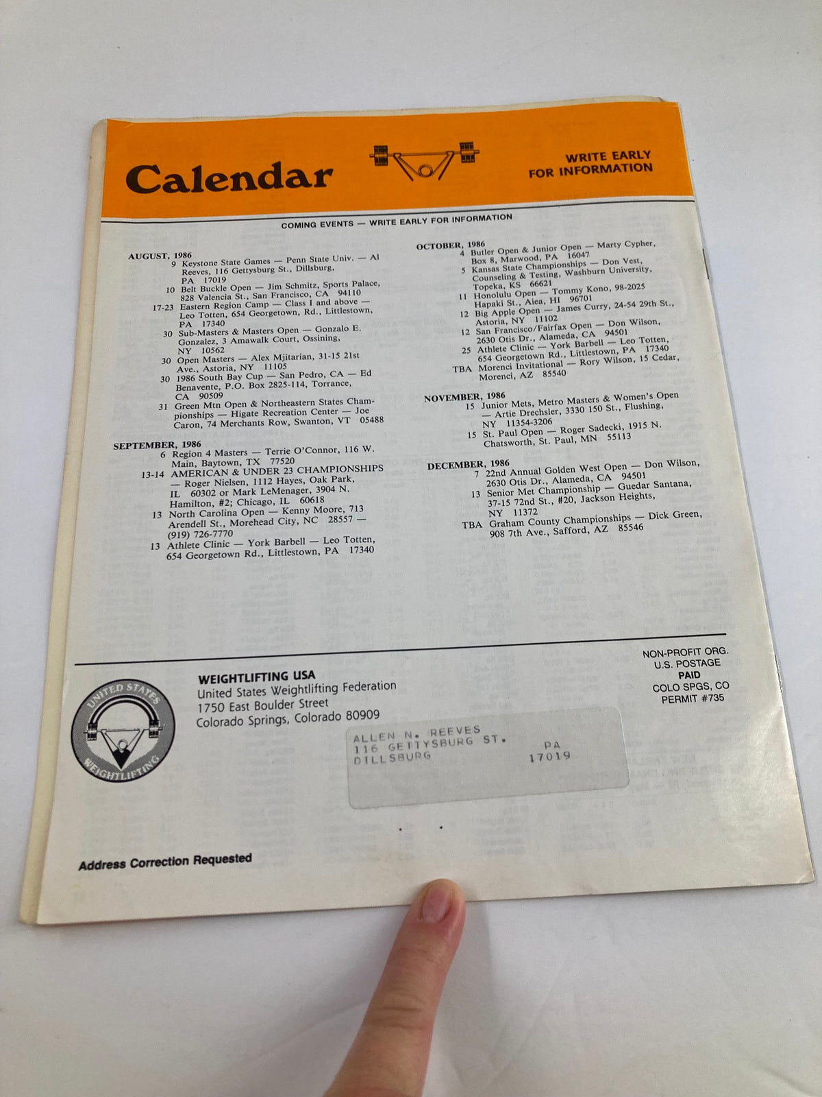 Back cover of VTG Weightlifting USA Magazine 1986 Vol 4 #4 displaying a calendar of upcoming weightlifting events and publication details from the U.S. Weightlifting Federation.