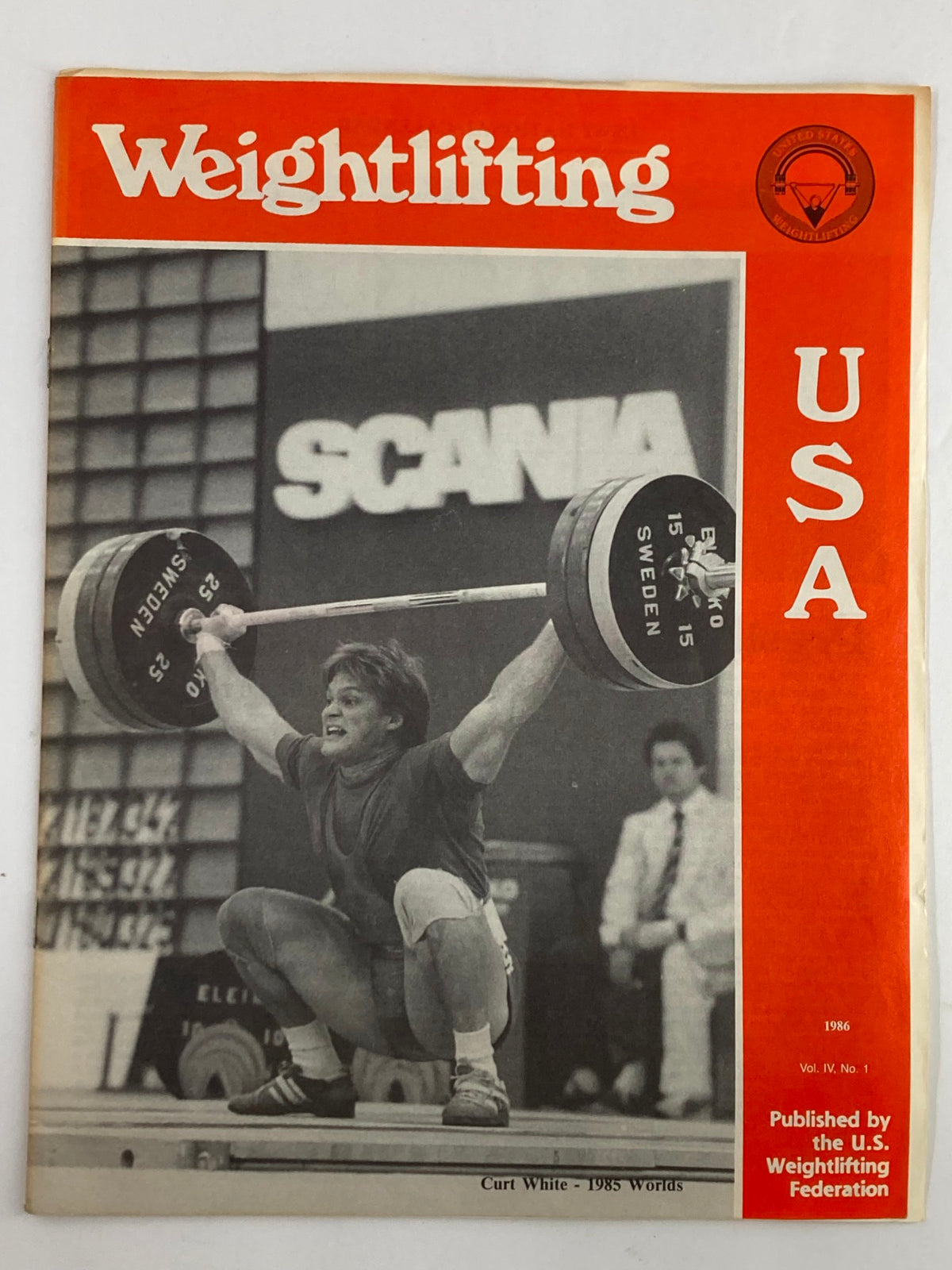Cover of VTG Weightlifting USA Magazine 1986 Vol 4 #1 featuring Curt White during the 1985 Worlds, showcasing an athlete lifting weights with dynamic action.