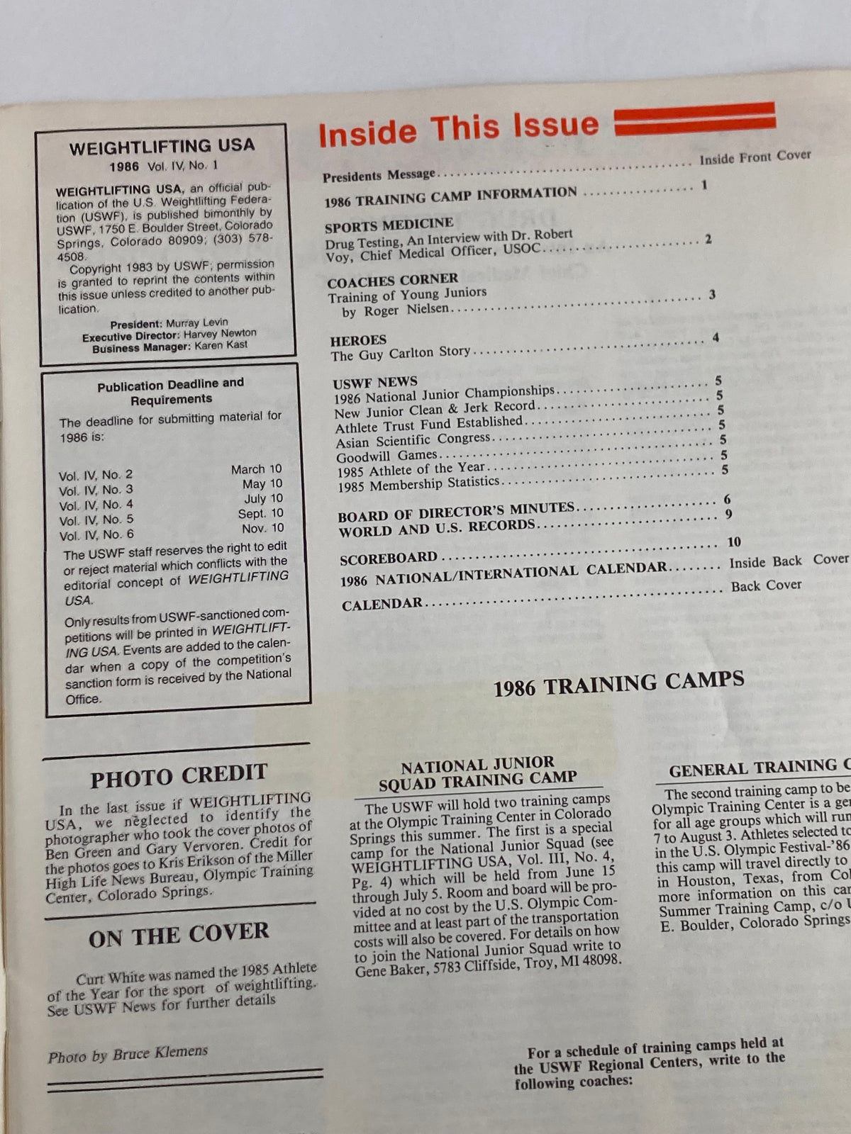Inside page of VTG Weightlifting USA Magazine 1986 Volume 4 Issue 1 featuring contents and key highlights including President's message and training camp information.