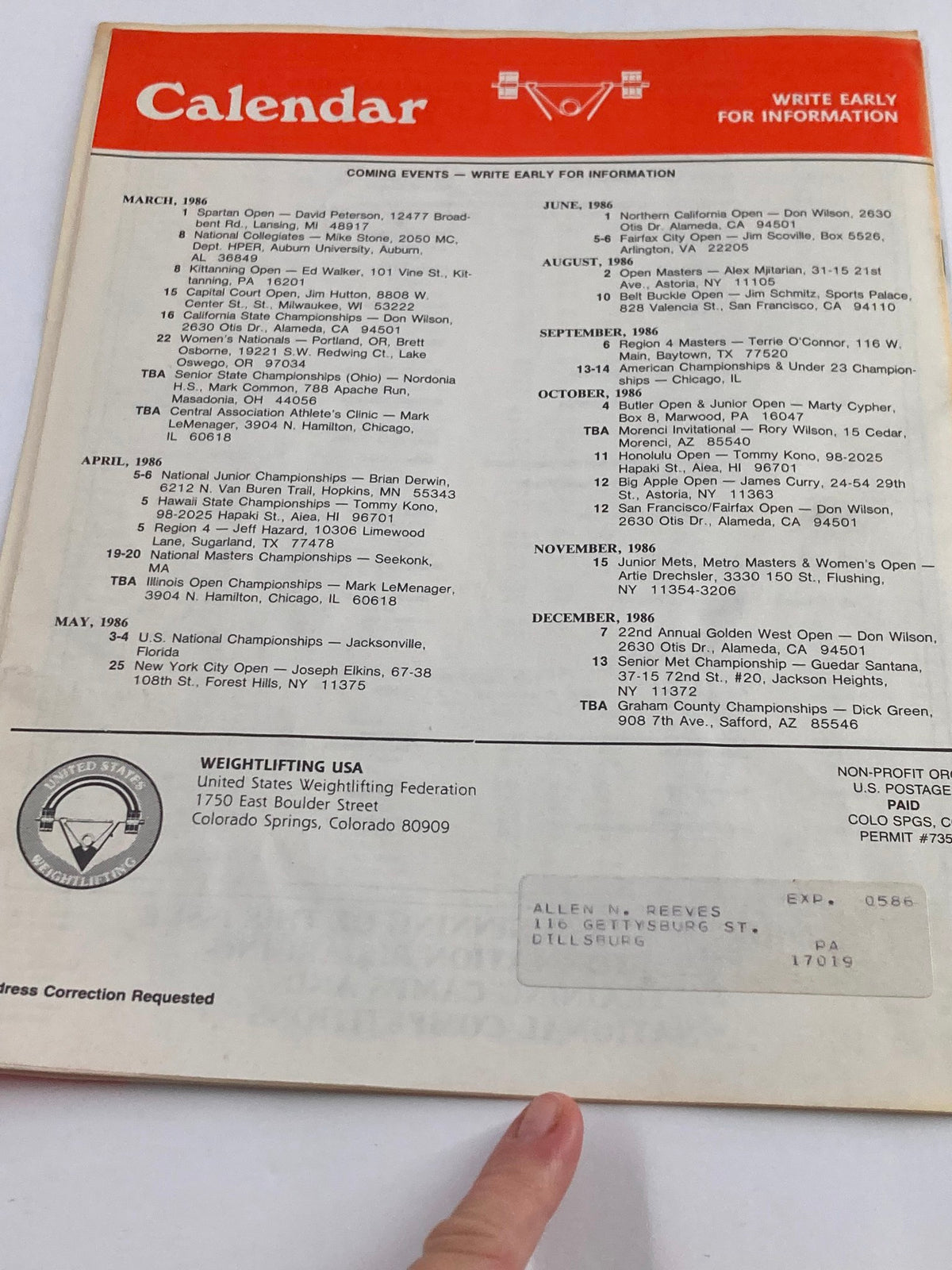 Calendar page from VTG Weightlifting USA Magazine 1986 Volume 4 Issue 1 displaying upcoming events and competitions including weightlifting championships and important dates.