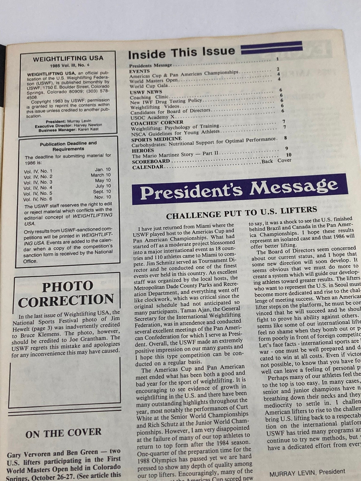 Inside page of VTG Weightlifting USA Magazine 1985 Vol 3 #6 showcasing the President's Message and contents summary featuring notable athletes Ben Green and Gary Verkoren.