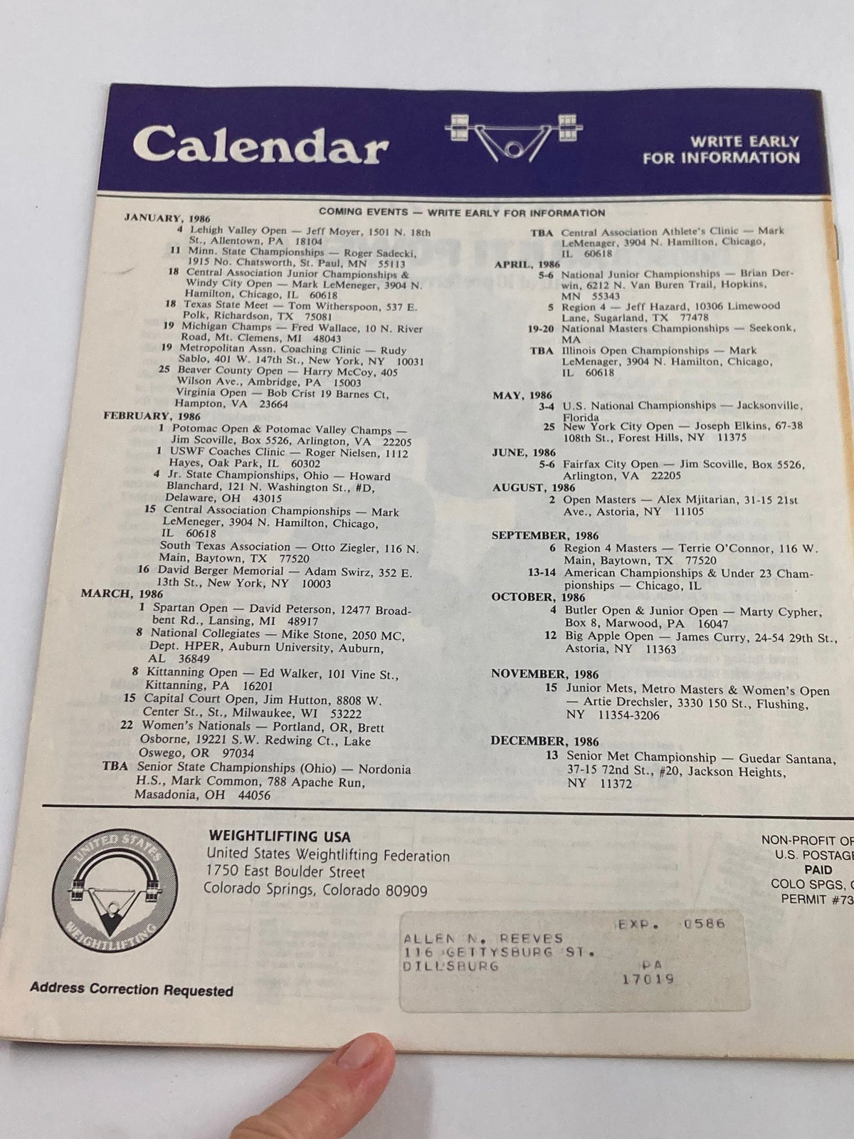 Calendar section from VTG Weightlifting USA Magazine 1985 Vol 3 #6 highlighting upcoming weightlifting events and important dates along with advertisement sections.