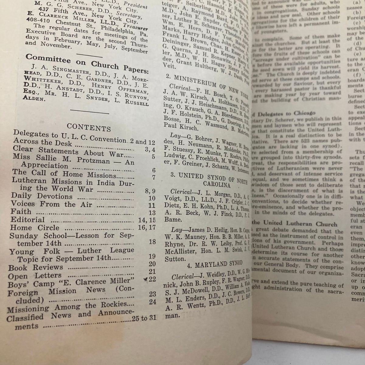 VTG The Lutheran Magazine September 4 1924 interior page showing the contents and articles related to church missions, faith, and youth programs.