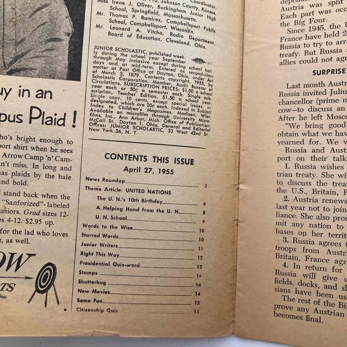 Inside page of VTG Junior Scholastic Magazine April 27 1955, displaying the contents and articles of the issue related to education and current events.