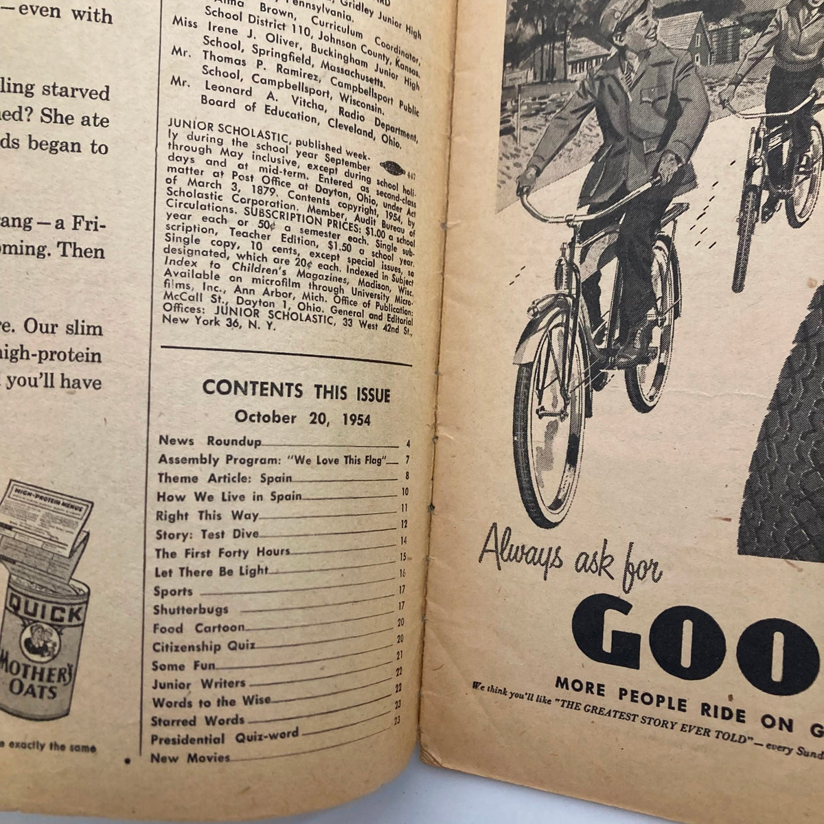 Inside page of VTG Junior Scholastic Magazine October 20, 1954, featuring table of contents and vintage illustrations, emphasizing educational content on electrical adventures.