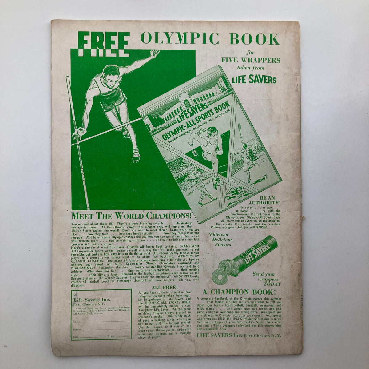 Back cover advertisement of the VTG St. Nicholas Magazine from June 1932, featuring a promotional offer for a free Olympic book from Life Savers, showcasing Olympic athletes in action and highlighting various flavors of Life Savers candy.