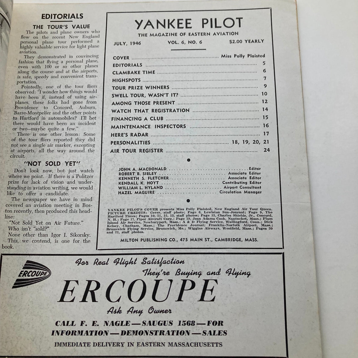 Interior page of the VTG Yankee Pilot Magazine, July 1946, Volume 6, Number 6, including editorial content and articles related to aviation history.
